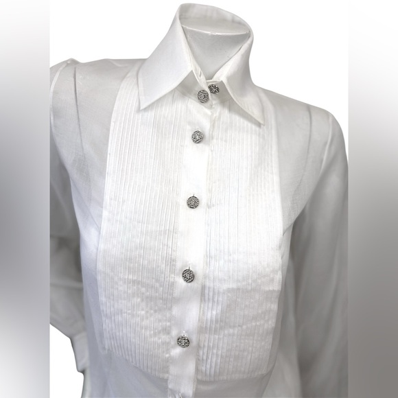 CHANEL White Silk Pleated Tuxedo Blouse CC Buttons 34 - Picture 7 of 10